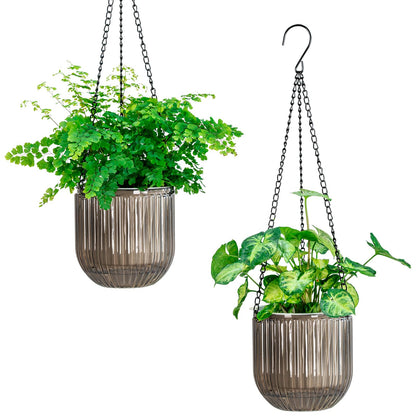 Melphoe 2 Pack Self Watering Hanging Planters Indoor Flower Pots, 5.3 Inch Outdoor Hanging Basket, Plant Hanger with 3Hooks Drainage Holes for Garden Home (Gray)