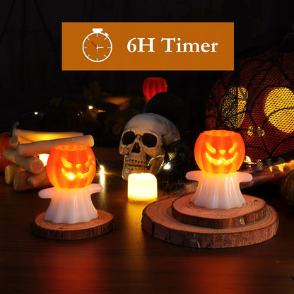 Homemory Real Wax Pumpkin Ghost Lamp, 4 Pcs Flickering Flameless Candles with 6hrs Timer, Spooky Halloween Pumpkin Candles, LED Battery Operated Lights for Home Halloween Decor, Theme Party