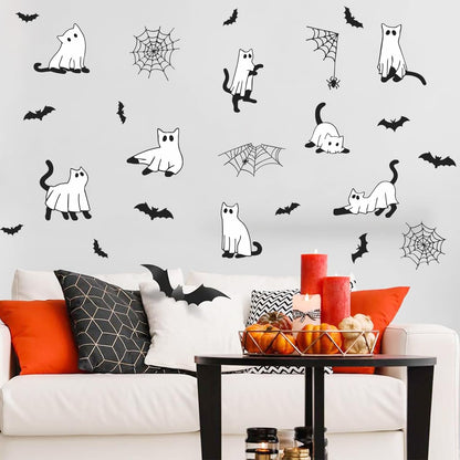 IARTTOP Happy Halloween Window Clings Sticker (100x30cm) Ghost Boo Wall Decals Spider Web Bat Window Stickers Halloween Black Cats Double Sided Decals for Glass Party Home Decoration