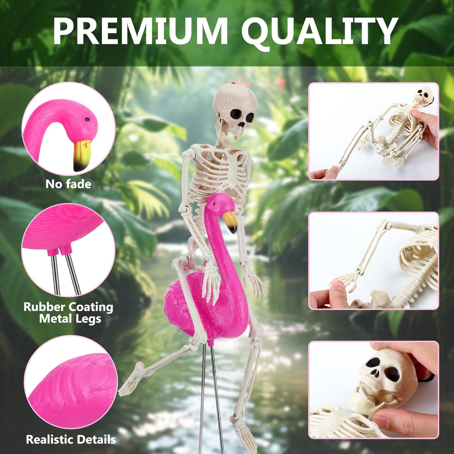 Simgoing 8 Pcs Halloween Skeleton Flamingo Decoration Outdoor Yard Ornament 15.7" Plastic Skeleton Decor with Posable Legs Flamingo Statue Decor for Yard Garden Lawn(Pink,M,Classic)