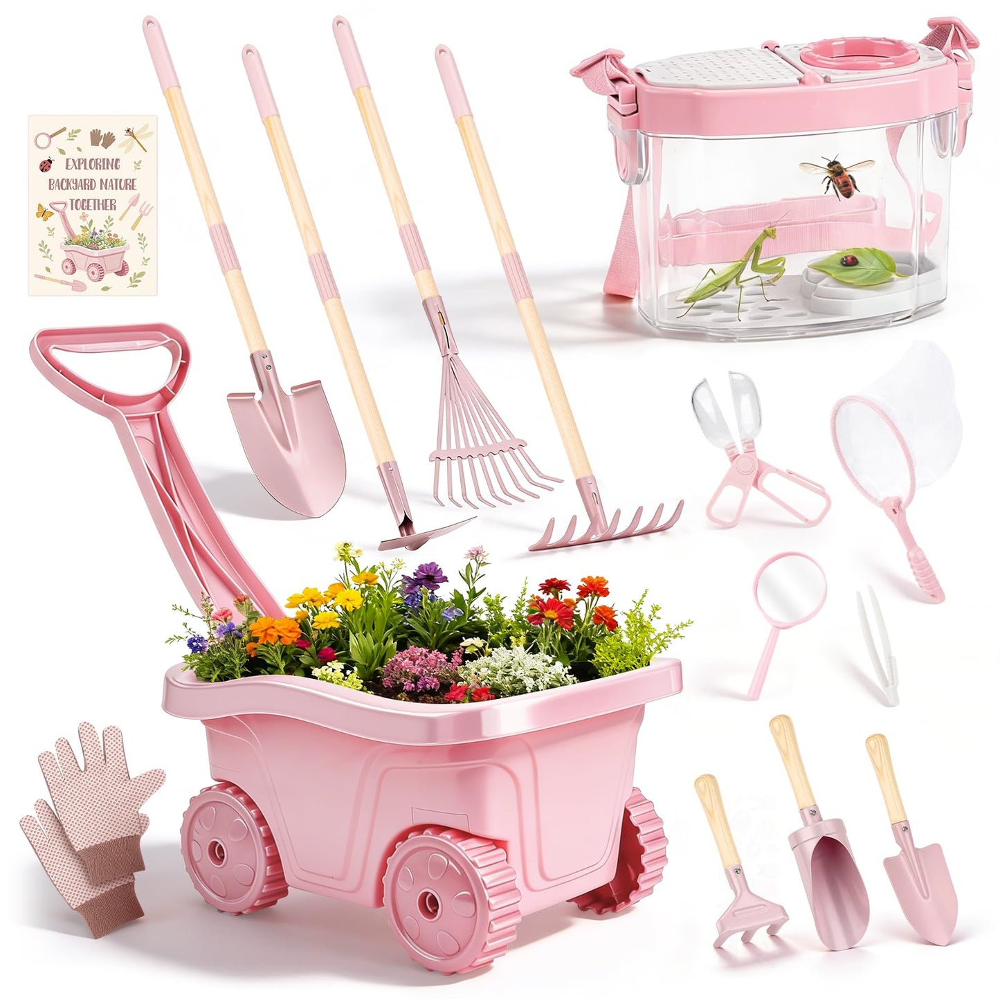 Dreamon Kids Gardening Tools & Bug Catcher Kit, 2-in-1 Outdoor Toys with Wheelbarrow and Bug House, STEM Educational Toys for 3 Year Old, Birthday Gifts Outdoor Gifts for Kids 3-5, Pink