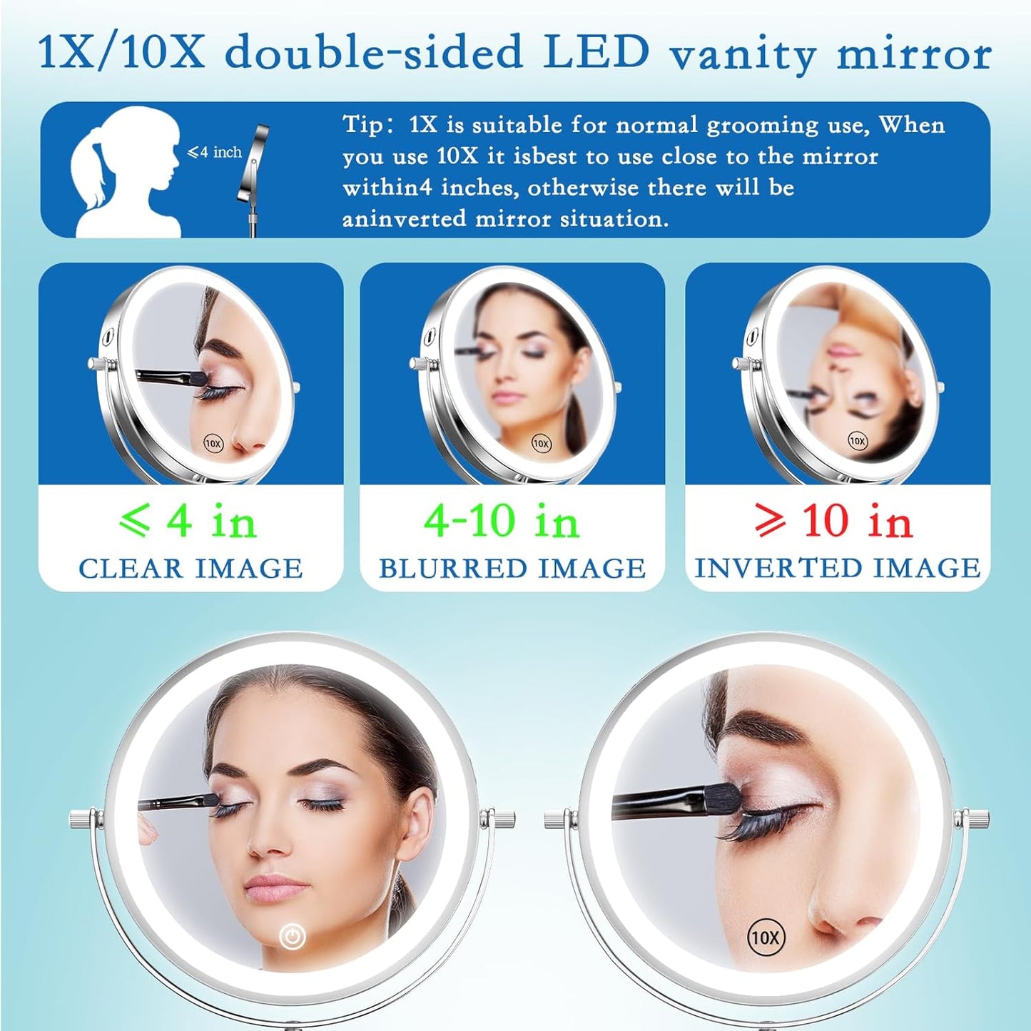 Vanity Mirror with Lights 7" Rechargeable 1x/10x Lighted Makeup Mirror Adjustable Height Double Sided Mirror with Lights 360°Rotating Makeup Mirror