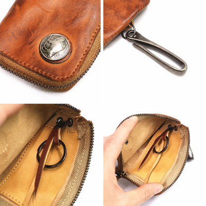 Wugebud 1 Pcs Leather Mini Medieval Pouch Keychain, Coin Organizer, Change Holder, Leather zipper Pouch for Men & Women