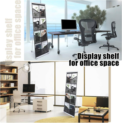 Outus Mesh Literature Brochure Holder with 8 Pocket Portable Magazine Display Roll Up Magazine Rack Lightweight Floor Standing Catalog Office Brochure Display Stand for Business Trade Shows (Black)