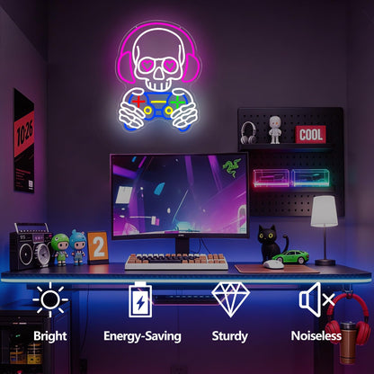 hhuohuona Skull Game Neon Sign Gaming Light Up Sign Dimmbale Skull Led Signs Skeleton Gamer Neon Lights for Man Cave Game Room Decor Gifts for Gamers Boys