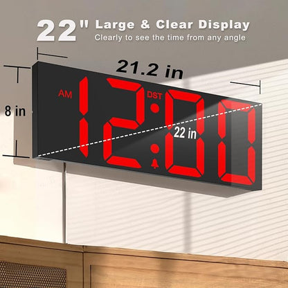 JALL 22" Large Digital Wall Clock, Big LED Number Dispaly, DST, Night Light for Classroom, Living Room, Bedroom, Mounted, Birthday Xmas Gift for Senior, Mem Womem Mom Dad, Red
