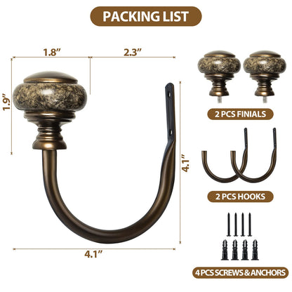 KAMANINA Decorative Curtain Holdbacks for Wall, Curtain Tiebacks Hooks with Screws Wall Mounted for Drapes Window Home Decoration, Marbled Finials, Bronze(1 Pair/2 Pack, Small)
