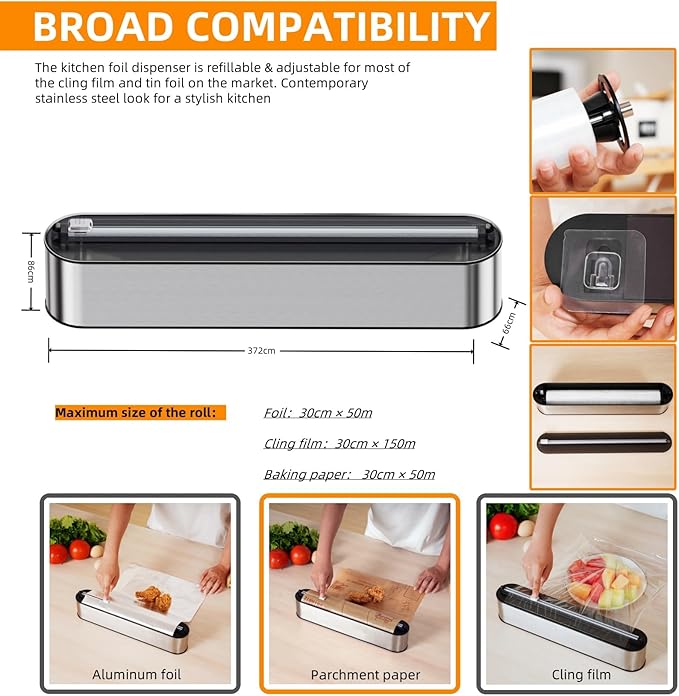 Aluminum Foil & Plastic Wrap Dispenser with Cutter - Magnetic & No-Drill Wall Mount, Stainless Steel Design, Space-Saving Kitchen organizer for Countertops & Cabinets - Fits 12" Rolls, Silver