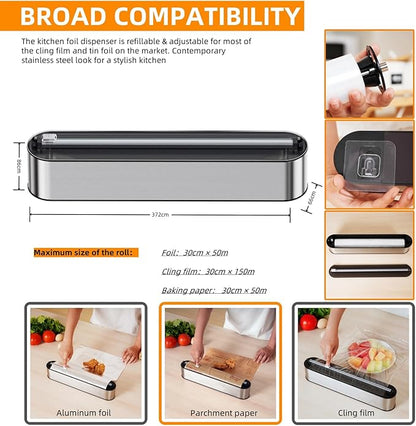 Aluminum Foil & Plastic Wrap Dispenser with Cutter - Magnetic & No-Drill Wall Mount, Stainless Steel Design, Space-Saving Kitchen organizer for Countertops & Cabinets - Fits 12" Rolls, Silver
