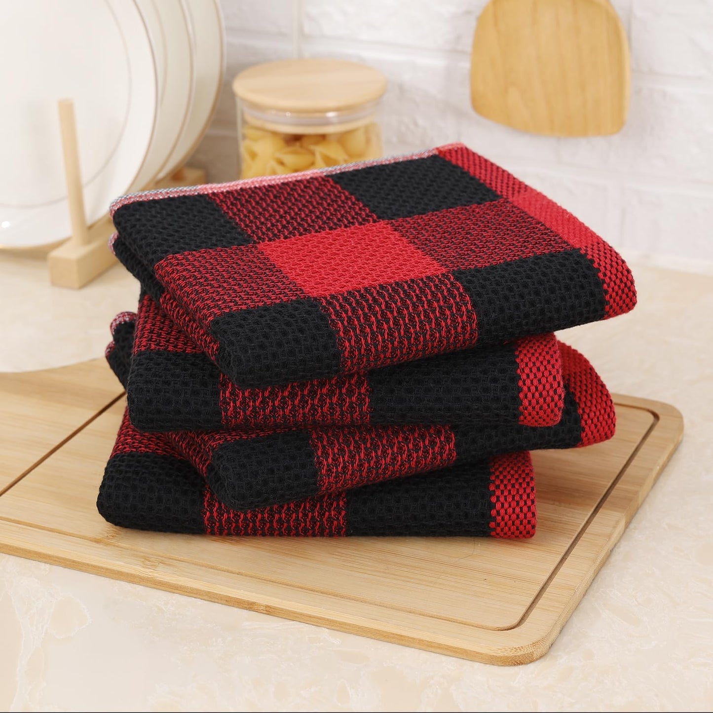 Mordimy 100% Cotton Waffle Weave Kitchen Towels, 13 x 28 Inches, Super Soft and Absorbent Buffalo Check Dish Towels for Drying Dishes, 4-Pack, Black & Red
