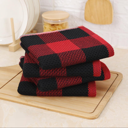 Mordimy 100% Cotton Waffle Weave Kitchen Towels, 13 x 28 Inches, Super Soft and Absorbent Buffalo Check Dish Towels for Drying Dishes, 4-Pack, Black & Red