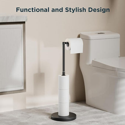 FORIOUS Toilet Paper Holder Stand Adjustable, Stainless Steel Freestanding Toilet Paper Holder with Storage, Bathroom Tissue Roll Stand Storage for 4 Rolls, Matte Black