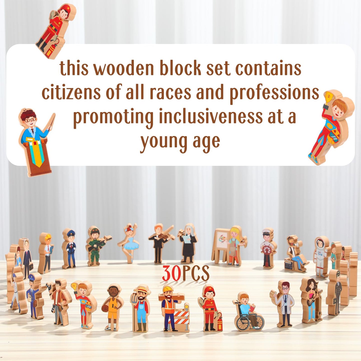 Blosssound Wooden Toys Set for Preschool Classroom - Multicultural Career People Blocks Educational Wooden Play for Kids Learning Toys Play Games Activity Supplies (30 Pcs,Community Helpers)