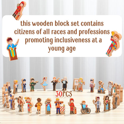 Blosssound Wooden Toys Set for Preschool Classroom - Multicultural Career People Blocks Educational Wooden Play for Kids Learning Toys Play Games Activity Supplies (30 Pcs,Community Helpers)
