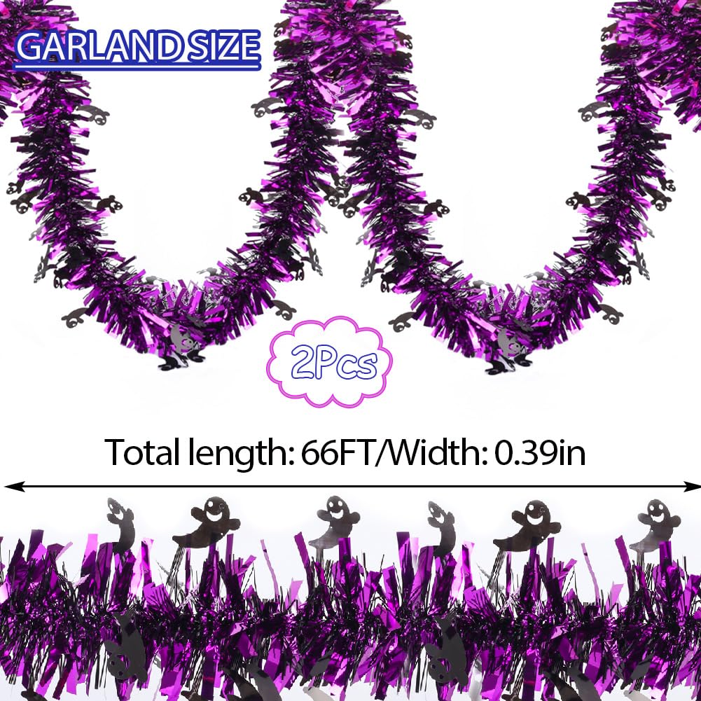 66 Ft Halloween Purple Tinsel Garland with Black Small Ghost Glitter Fluffy Tassel Twist Garland Hanging Decoration for Halloween Home Tree Ornaments Holiday Indoor Outdoor Party Decorations