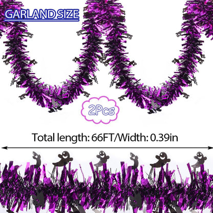 66 Ft Halloween Purple Tinsel Garland with Black Small Ghost Glitter Fluffy Tassel Twist Garland Hanging Decoration for Halloween Home Tree Ornaments Holiday Indoor Outdoor Party Decorations