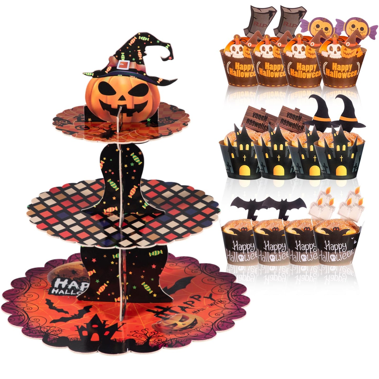 LemonRoad 3-Tier Halloween Cupcake Stand Pumpkin Stack Dessert Display Holder with 12 Haunted House Cup Cake Wrappers 12 Cake Toppers for Halloween Treat Birthday Table Decorations
