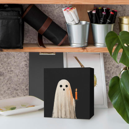 KFXHANGD Halloween Ghosts Wooden Box Sign Desk Decor, Fall Thanksgiving Decoration, Black Fall Ghosts Decoration for Home Office, Black Halloween Ghost Shelf Desk Decor 5x5 Inch