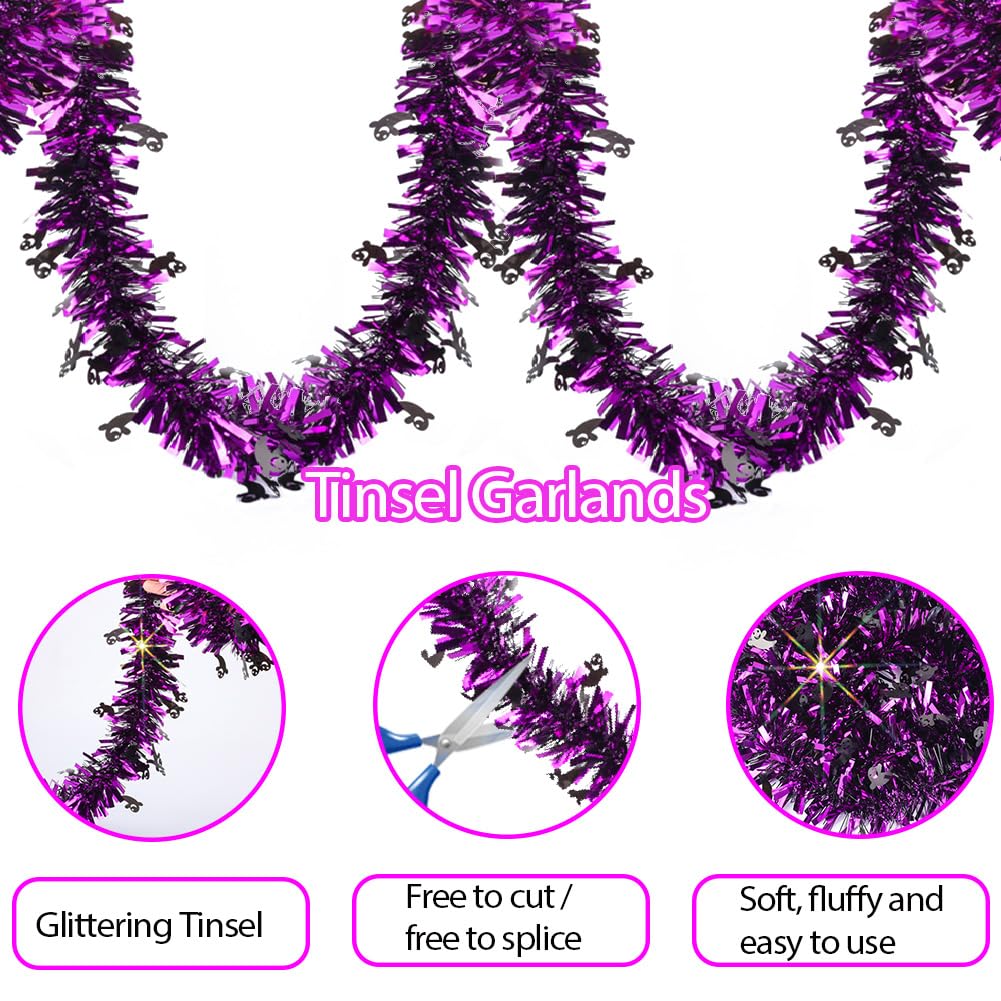 66 Ft Halloween Purple Tinsel Garland with Black Small Ghost Glitter Fluffy Tassel Twist Garland Hanging Decoration for Halloween Home Tree Ornaments Holiday Indoor Outdoor Party Decorations