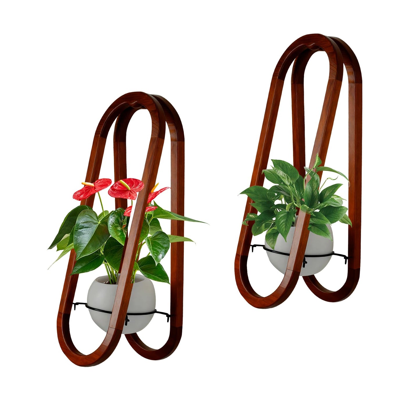 JOJOCY Wall-Mounted Modern Oval Wooden Vase 2PCS, Oval Hanging Plant Stand with Ceramic Pots for Indoor Living Room Bedroom Decor (Walnut Wood)