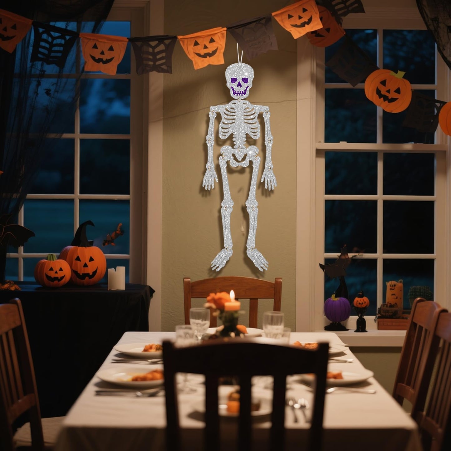 3 Pcs Skeletons Halloween Party Decorations, DIY Glitter Paper Decorative Hanging Ornaments, Room Wall Curtain Decor, Photo Backdrop