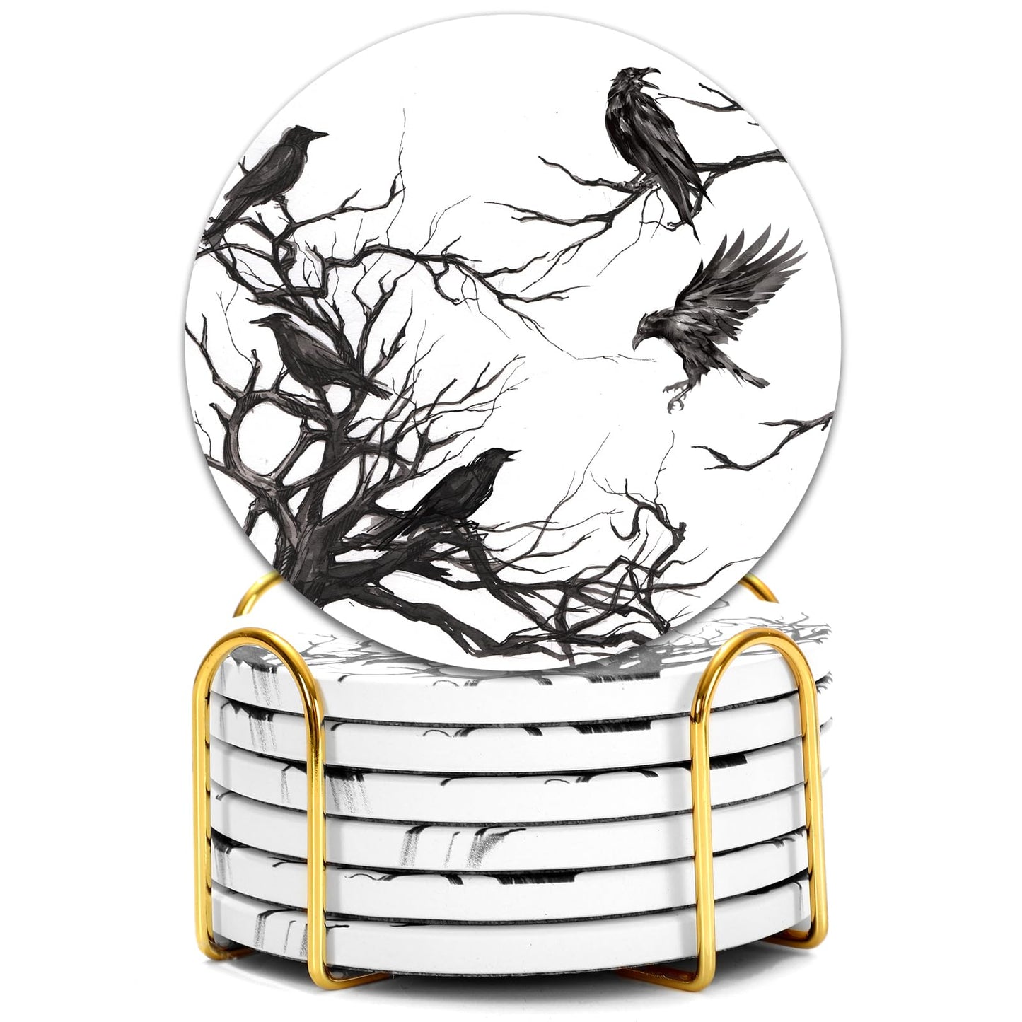 6Pcs Halloween Coasters with Holder Silhouette Tree Crows Drink Coasters Branches Black Ceramic Cup Mats for Party Home Office Table Decor
