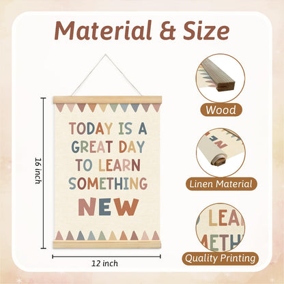 Lacama Boho Classroom Homeschool Wall Decor Today is a Great Day to Learn Something New Positive Affirmations Wall Hanging Poster Hanger Frame,Positive Affirmations Wall Decor for Homeschool Decor