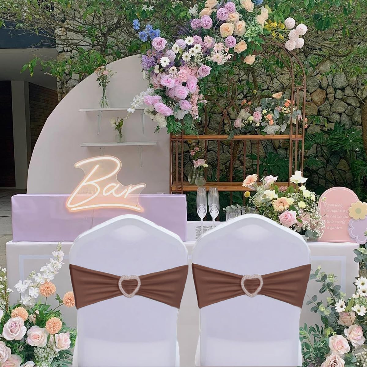 Fbewom Brown Chair Sashes 60 Pack Spandex Brown Sashes for Chairs Universal Spandex Chair Sashes Bands with Heart Buckle Slider for Wedding Banquet Party Decorations