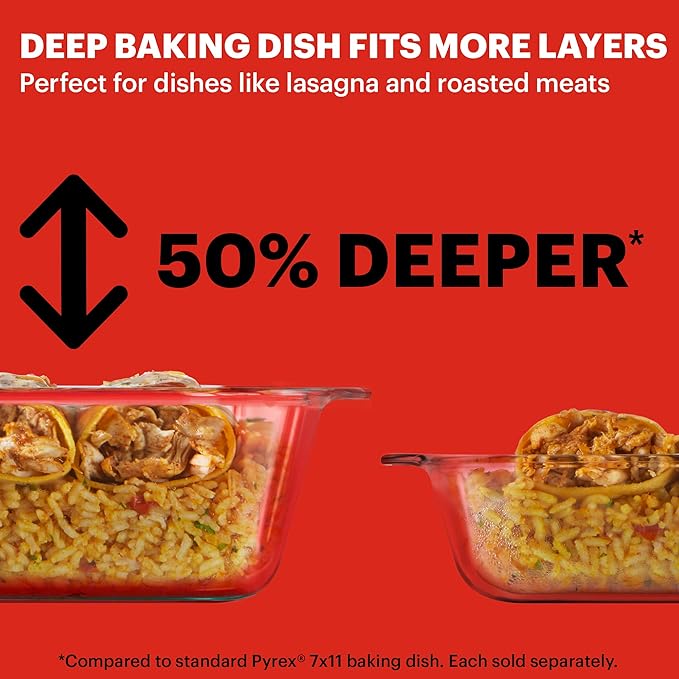 Pyrex Deep 9x13-Inch Glass Baking Dish with Lid, Deep Casserole Dish, Glass Food Container, Oven, Freezer and Microwave Safe, Clear Container