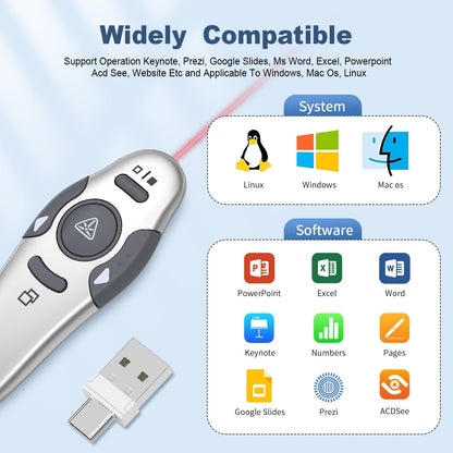 QUI 2 Pack Wireless Presenter PowerPoint Clicker, RF 2.4GHz USB Presentation Clicker for Google Slides, Keynote, Mac, Windows (USB Type-c, Silver)