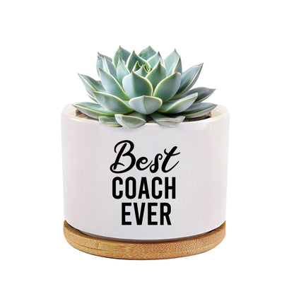 Best Coach Ever Coach Gifts Ceramic Succulent Plant Pot with Bamboo Tray Round Sports Gym Instructor Basketball Volleyball Football Soccer Home Office Decor Plant Lover 3.5 Inch White (No Plants)