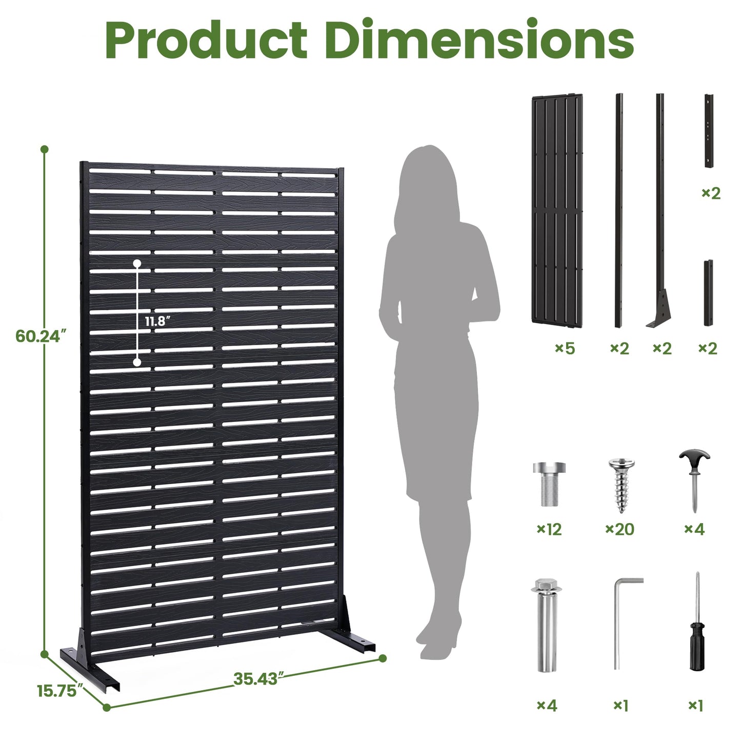 Diyfire Outdoor Privacy Screen 60" H HDPE Decorative Panel Freestanding Privacy Fence with Stand, Privacy Screens with Louvered 5 Panels, Weather-Resistant Panel Fence for Patio, Balcony, Pool, Black