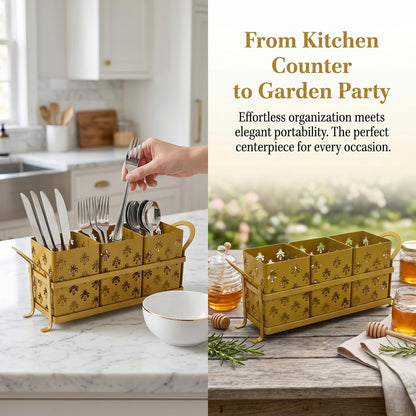 DRPORONYN Silverware Caddy with Bee Design, 3 Compartment Metal Utensil Holder with Handles,Silverware Holder for Party Countertop, Kitchen, Outdoor, Cutlery Holder Organizer for Spoon Fork,Gold