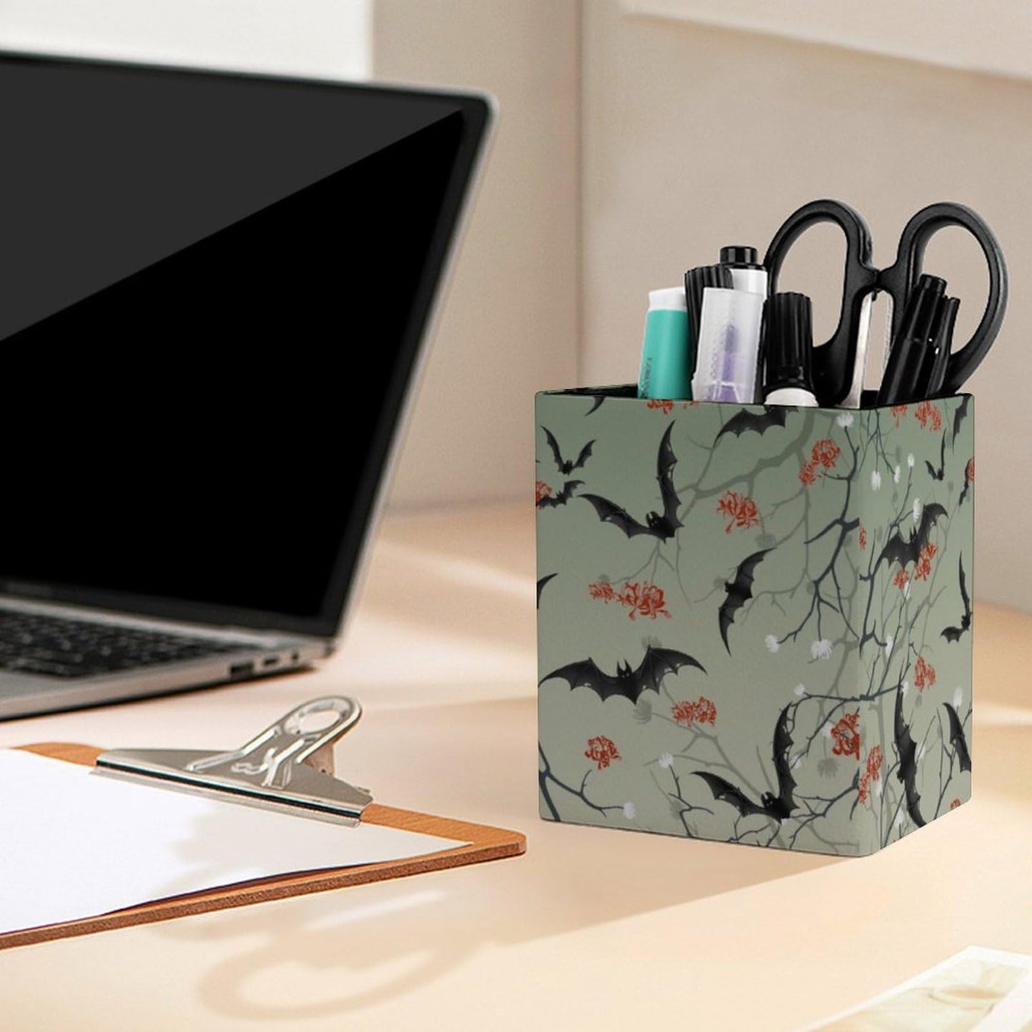 DerlonKaje Bats Square Leather Pen Holder, Minimalist Desk Organizer for Office Home School, Pencil & Stationery Storage Box, Gift for Students Teachers Colleagues