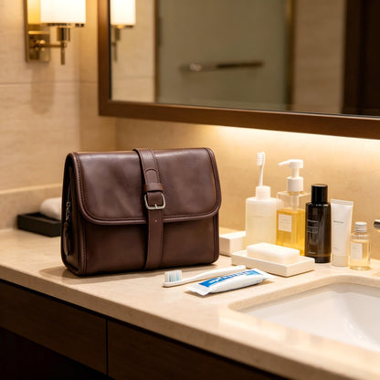 RCFJ b y K L A N D PU Leather Hanging Toiletry Bag for Men, Folding Travel Toiletry Dopp Kit with 4-Layer Organizer, Large Capacity PU Leather Grooming & Shaving Bag, Water Resistant