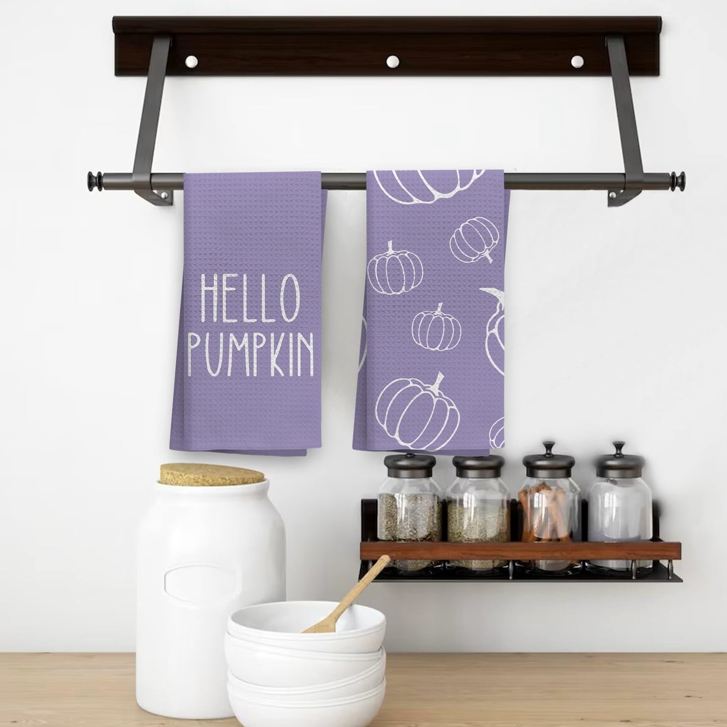 OHSUL Purple Fall Kitchen Towels Decor, Autumn Pumpkin Decor, Fall Hand Dish Towels, Fall Autumn Decor Decorations for Home, Fall Bathroom Decor, Housewarming Gifts, Set of 2