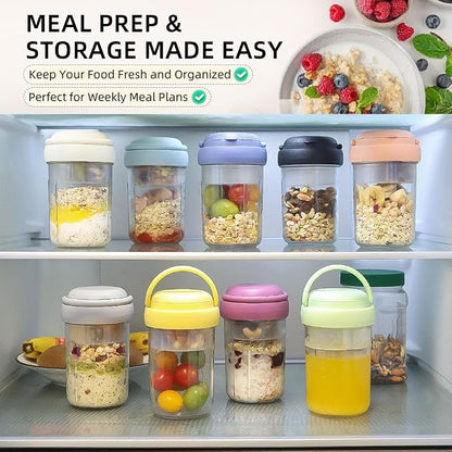 UWILLION Overnight Oats Containers with Lids and Handles, 16 oz Glass Mason Jars with Folding Spoons & Topping Compartments, Yogurt Parfait Cups for Meal Prep, Chia Pudding, Breakfast to Go, 2 Pack