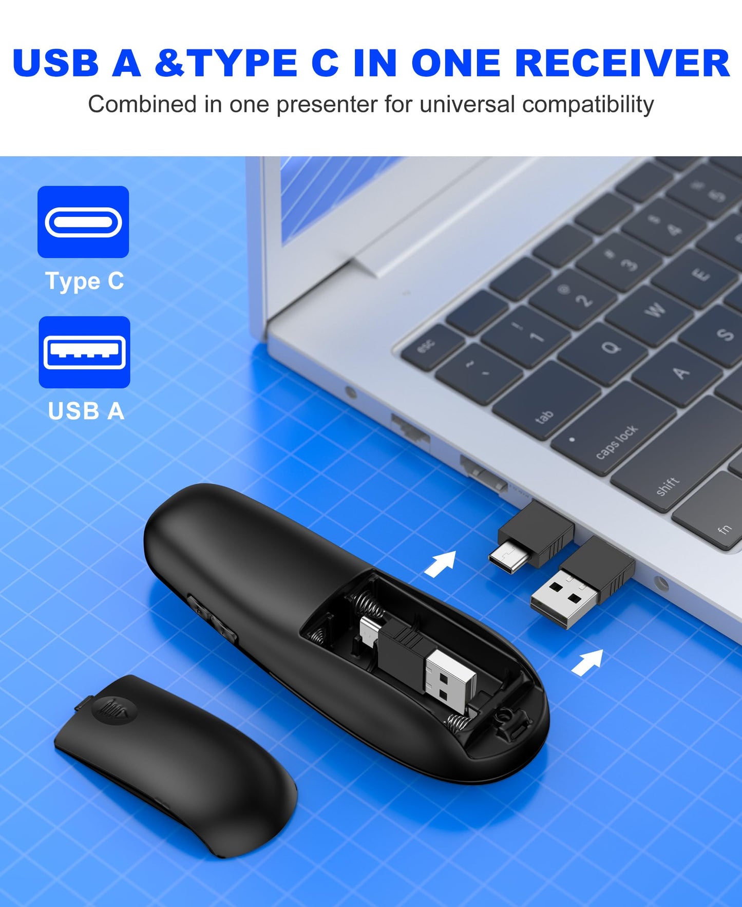 DinoFire USB Type C Wireless Presentation Clicker, BT&RF 2.4GHz Dual Modes Presenter Remote for PowerPoint Presentations Compatible with Bluetooth-Enabled Laptops Desktop Computers