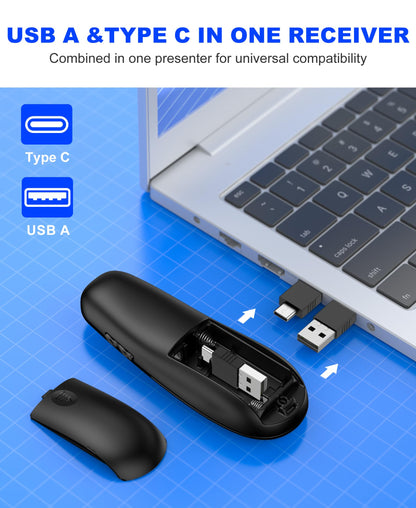 DinoFire USB Type C Wireless Presentation Clicker, BT&RF 2.4GHz Dual Modes Presenter Remote for PowerPoint Presentations Compatible with Bluetooth-Enabled Laptops Desktop Computers