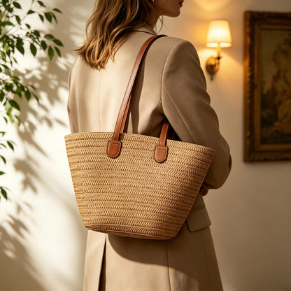 OKoriensuntek Straw Tote Bag for Women, Large Woven Beach Bag with Leather Shoulder Straps, Zippered Summer Tote Bag for Beach, Travel, Everyday Use，Brown