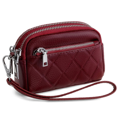 SENDEFN Women's Coin Purse Genuine Leather Wallet 3 Zippers Change Pouch with Wristlet