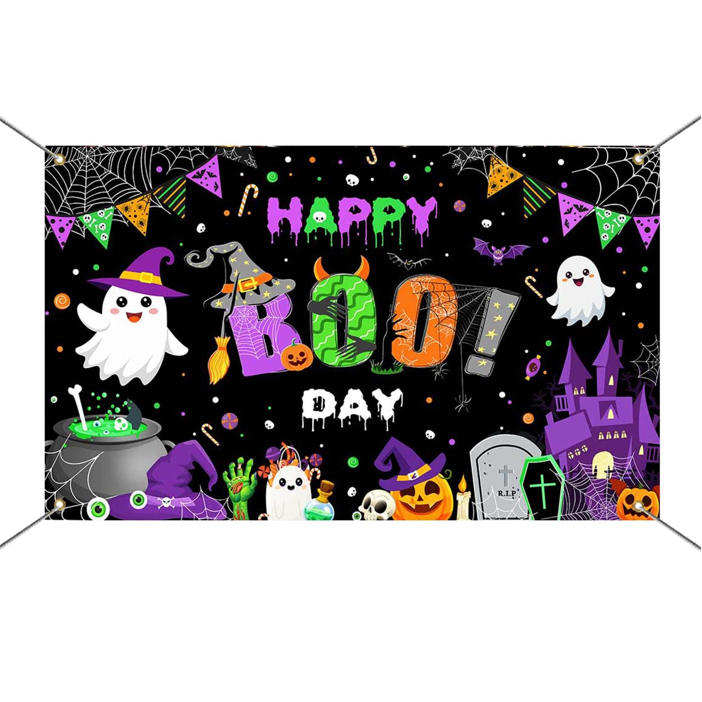 Mocsicka Happy Boo Day Banner Backdrop Halloween Happy Birthday Banner Purple Cute Ghost Happy Boo Day Halloween Birthday Decorations Photo Booth Props 70.8x43.3(inch)