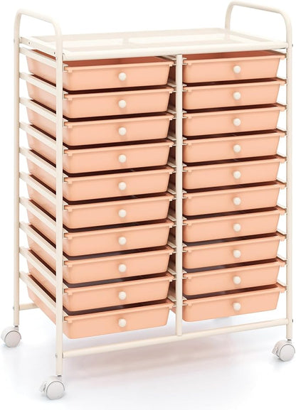 COSTWAY 20-Drawer Rolling Storage Cart, Utility Storage Organizer Cart for Tools, Scrapbook, Paper, Craft, Multipurpose Storage Trolley on Wheels for Home Office School, Peach