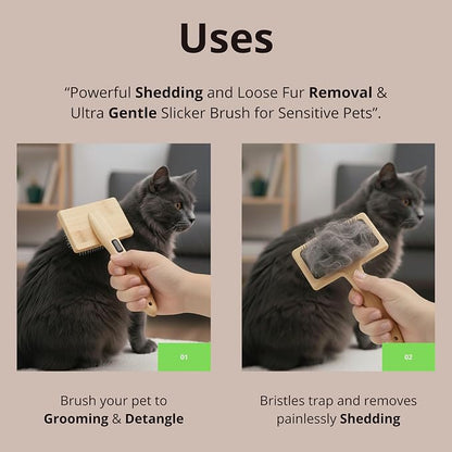 Removes Loose Fur & Tangles Fast | Dog & Cat Slicker Brush | Bamboo Deshedding Tool for All Coat Types | Gentle & Eco-Friendly Grooming