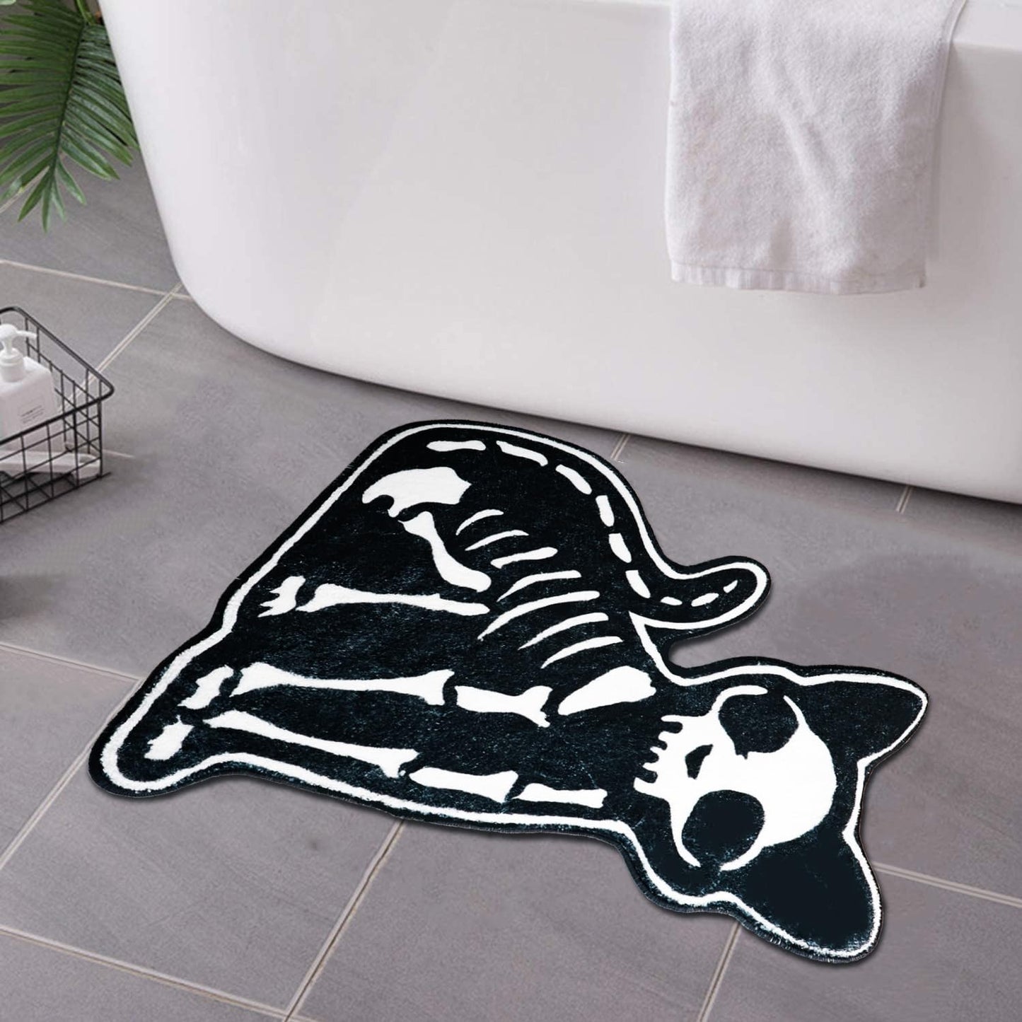 Zoeeya Skull Cat Bath Mat - Gothic Bathroom Decor - Soft Water Absorbent Halloween Bathmat for Shower,Entryway,Front Door,Spooky Skeleton Rug