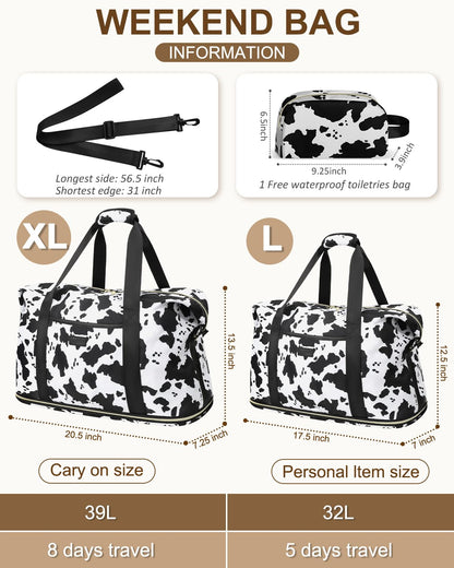 Expandable Travel Duffle Bag, Waterproof Weekender Overnight Bags for Women Men Hospital Bag for Women Labor Delivery Carry on Bag with Toiletry Bag for Travel Gym Airplanes(Cow Print, X-Large)