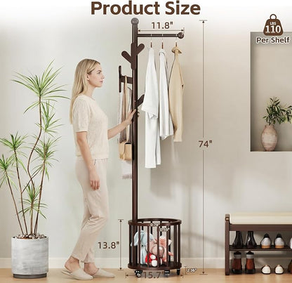 Uniclinens Freestanding Wooden Coat Rack with Umbrella Holder，Dark Walnut Coat Rack with Hooks, Space-Saving Entryway Organizer for Hanging Clothes and Storing Towels, Bedroom, Living Room