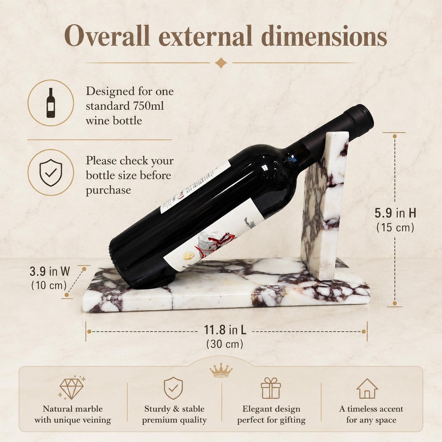 Artisanal Abode Marble Wine Holder, Single Bottle Tabletop Rack