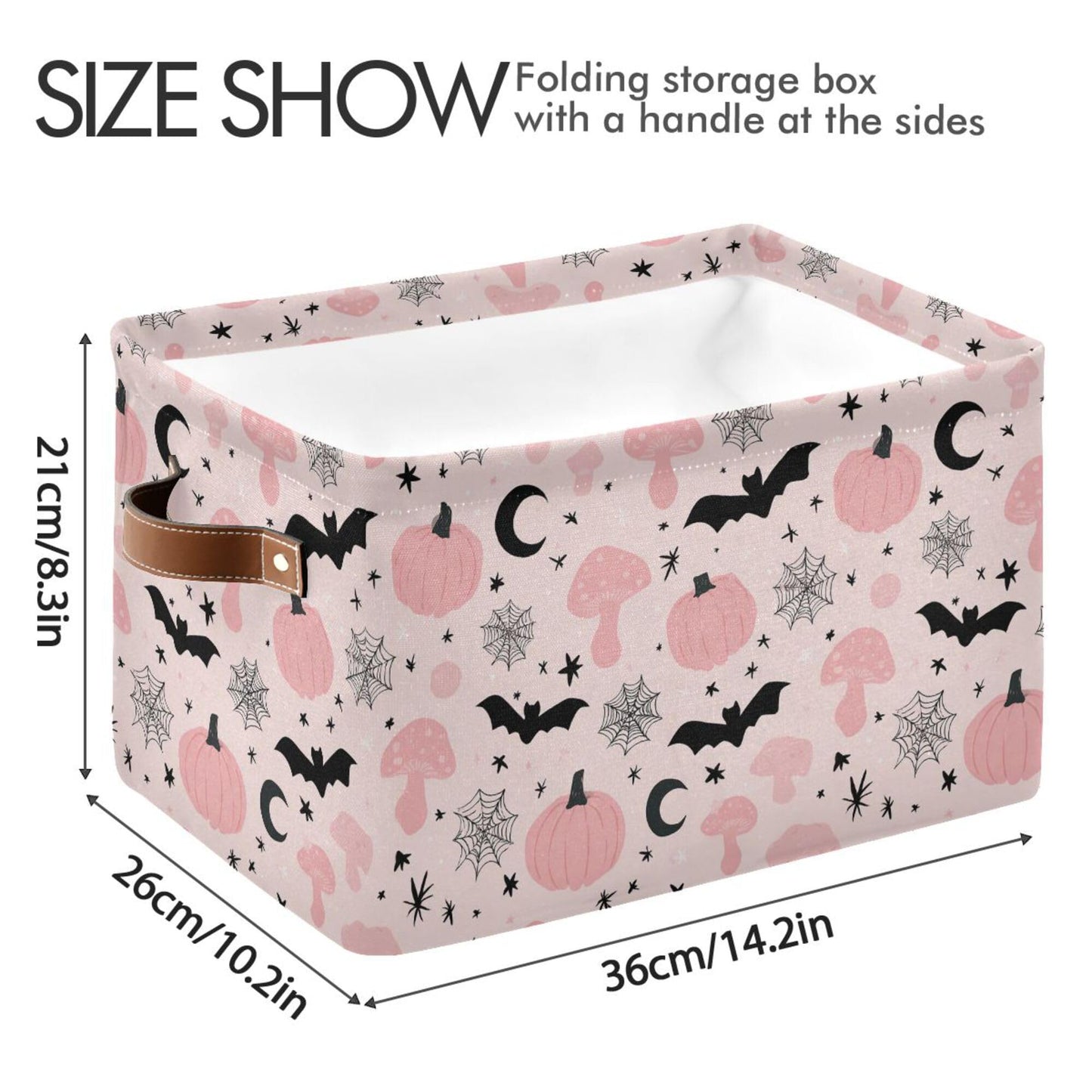 Happy Halloween Pink Storage Basket with Waterproof Liner and PU Handles Pumpkin Bat Moon Mushroom Storage Bins Boxes 14.2" Collapsible Decorative Organizer Baskets for Bedroom Closet Office 1 Pack