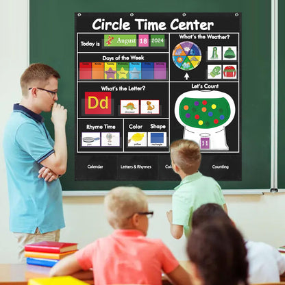 BOHEMIABY Circle Time Learning Center Classroom Pocket Chart Preschool, Educational Pocket Chart Teaching Materials, Learning Calendar Weather Counting Letter Color, Circle Time Learning Center Black